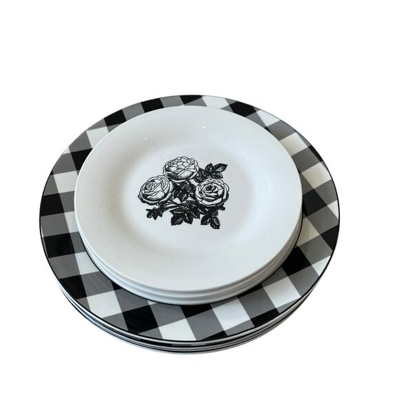 Godinger Floral Salad Plates 7.5in Porcelain Black & White Roses Set of 4 NEW - Picture 8 of 10